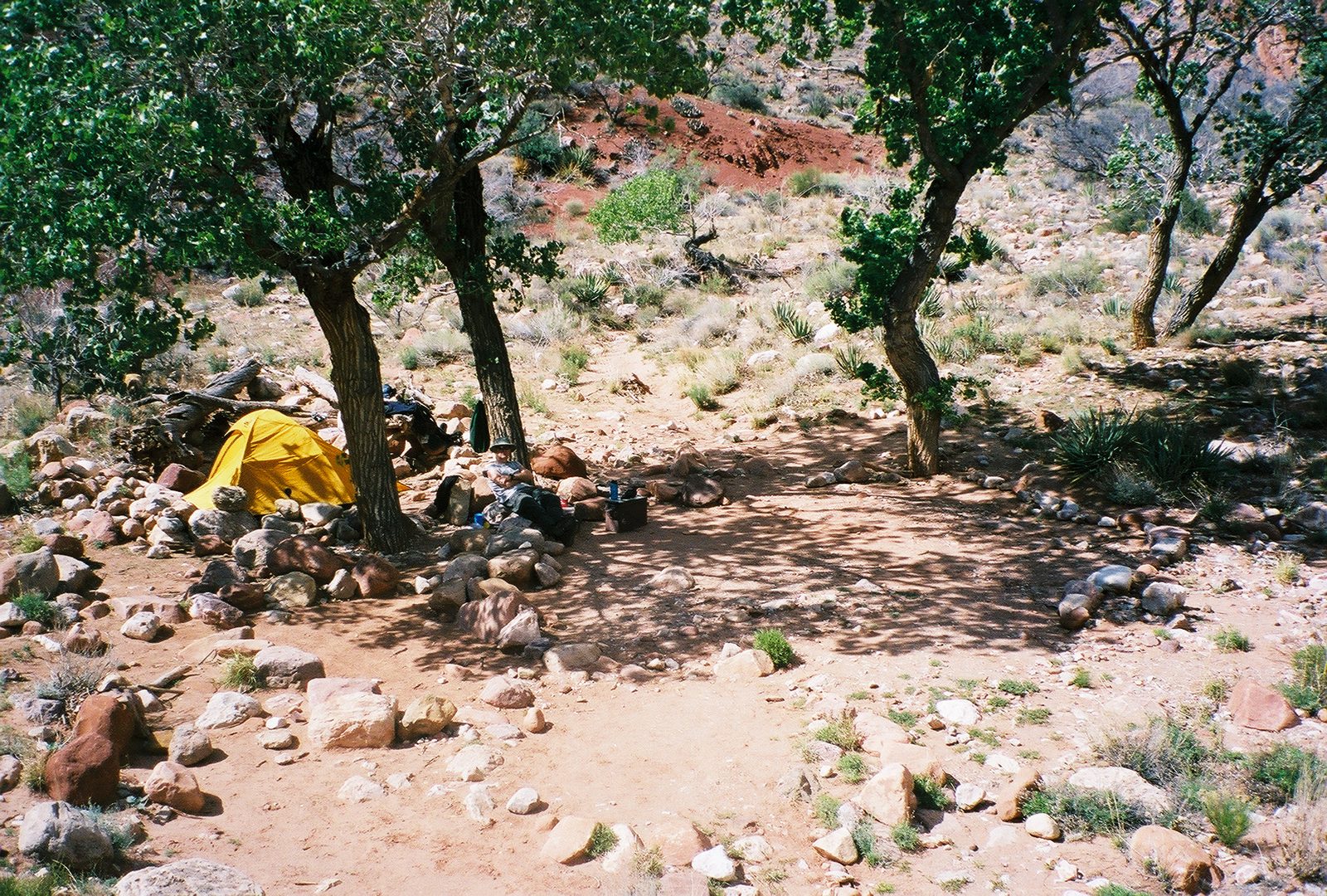 A tent at Clear Creek Camp, below the red cliffs at the end of the Clear Creek Trail in Grand Canyon National Park